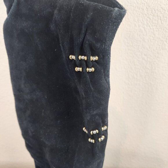 Vintage 90s Over Knee High Suede Black Boots Size 7 Block Heel Tall Pull On - Picture 3 of 7